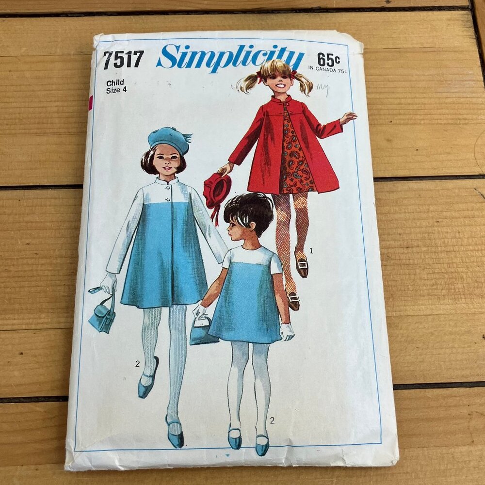 Girl's Dress & Coat Simplicity 7517 Sewing Pattern Child Size 4 Vintage 1960s